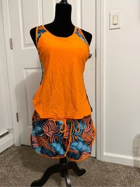 Bright Orange Tropical Swim Coverup Tankini with Printed Shorts